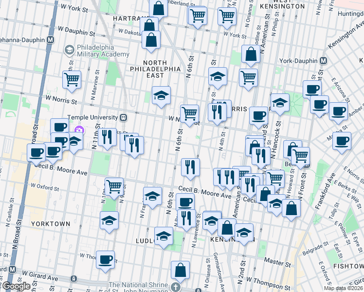 map of restaurants, bars, coffee shops, grocery stores, and more near 1848 Germantown Avenue in Philadelphia
