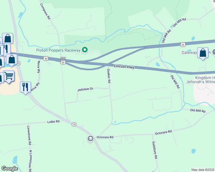 map of restaurants, bars, coffee shops, grocery stores, and more near 43 Quaker Road in Parkesburg