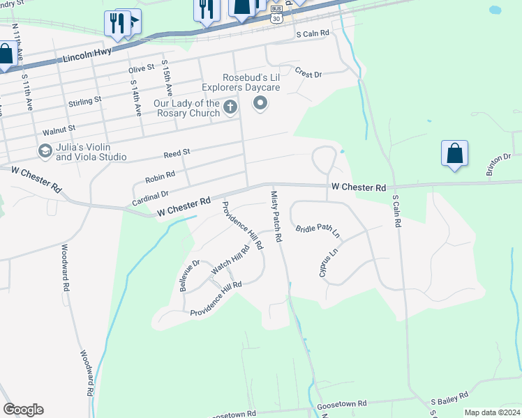 map of restaurants, bars, coffee shops, grocery stores, and more near 31 Shoreham Drive in Coatesville