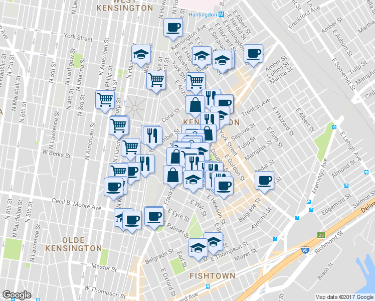 map of restaurants, bars, coffee shops, grocery stores, and more near 2050 Blair Street in Philadelphia