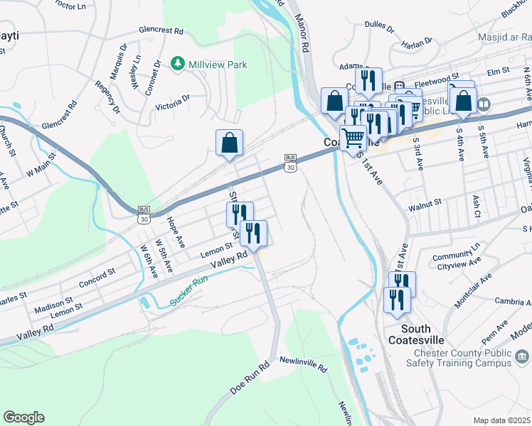 map of restaurants, bars, coffee shops, grocery stores, and more near 215 Madison Street in Coatesville
