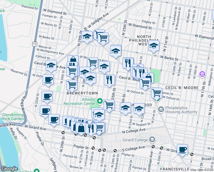 map of restaurants, bars, coffee shops, grocery stores, and more near 1540 North Stillman Street in Philadelphia