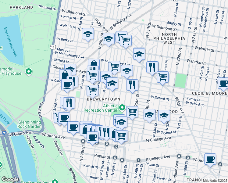 map of restaurants, bars, coffee shops, grocery stores, and more near 2700 West Oxford Street in Philadelphia