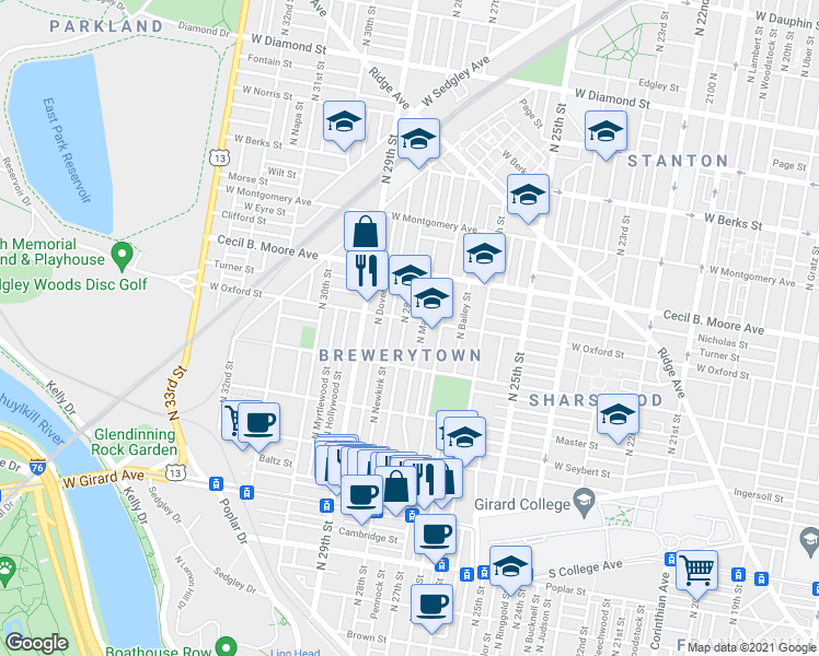 map of restaurants, bars, coffee shops, grocery stores, and more near 1545 North 28th Street in Philadelphia