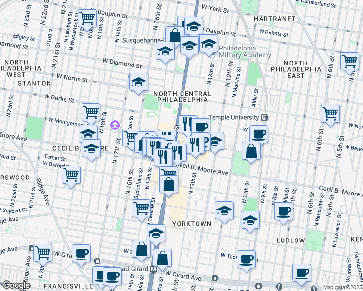map of restaurants, bars, coffee shops, grocery stores, and more near 1719 North Broad Street in Philadelphia