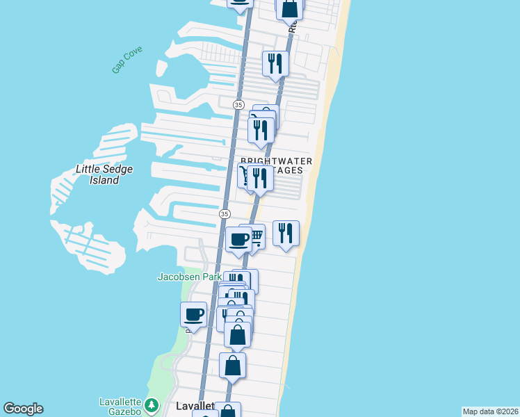 map of restaurants, bars, coffee shops, grocery stores, and more near 70 Oceanfront in Lavallette