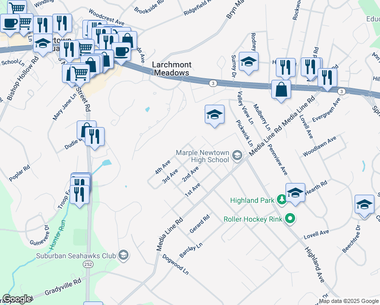 map of restaurants, bars, coffee shops, grocery stores, and more near 204 3rd Avenue in Newtown Square