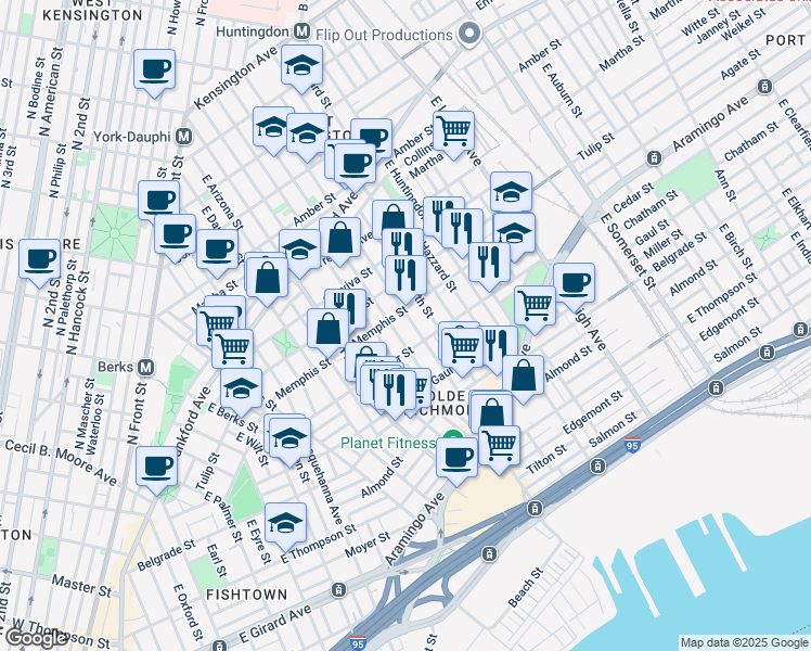 map of restaurants, bars, coffee shops, grocery stores, and more near 2346 East Cumberland Street in Philadelphia