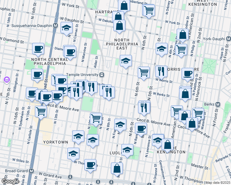map of restaurants, bars, coffee shops, grocery stores, and more near 1837 North 8th Street in Philadelphia