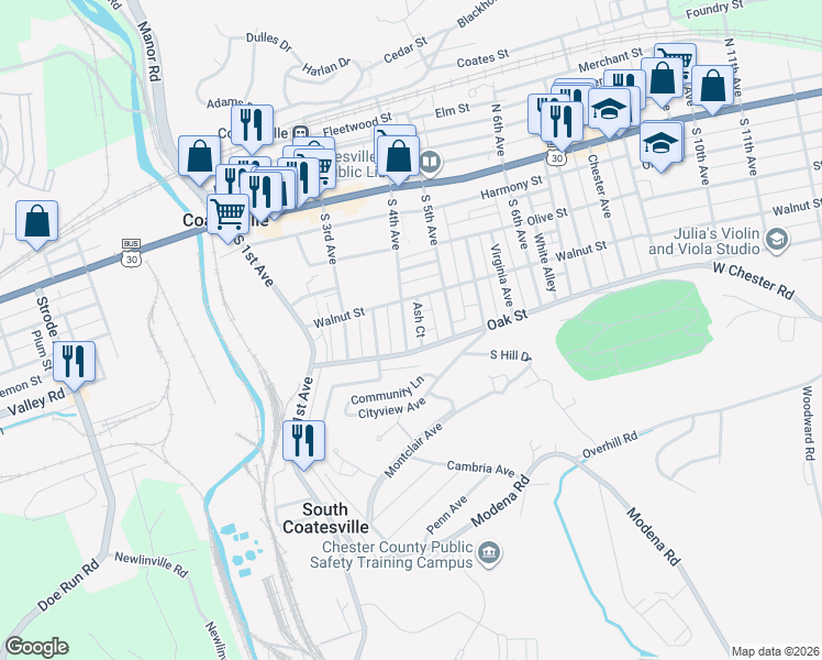 map of restaurants, bars, coffee shops, grocery stores, and more near 419 Oak Street in Coatesville