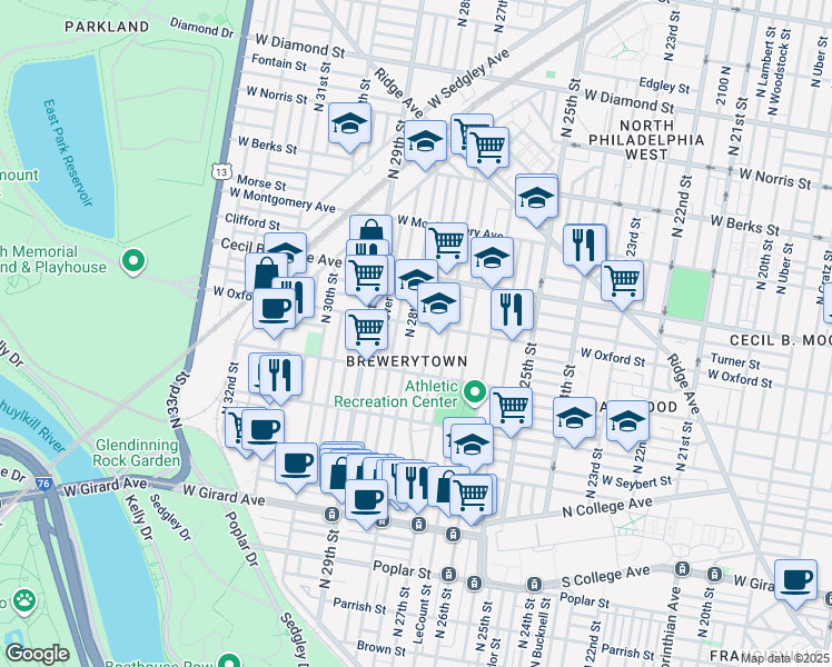 map of restaurants, bars, coffee shops, grocery stores, and more near 1545 North 28th Street in Philadelphia