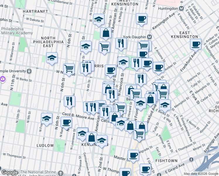 map of restaurants, bars, coffee shops, grocery stores, and more near 1909 North Philip Street in Philadelphia