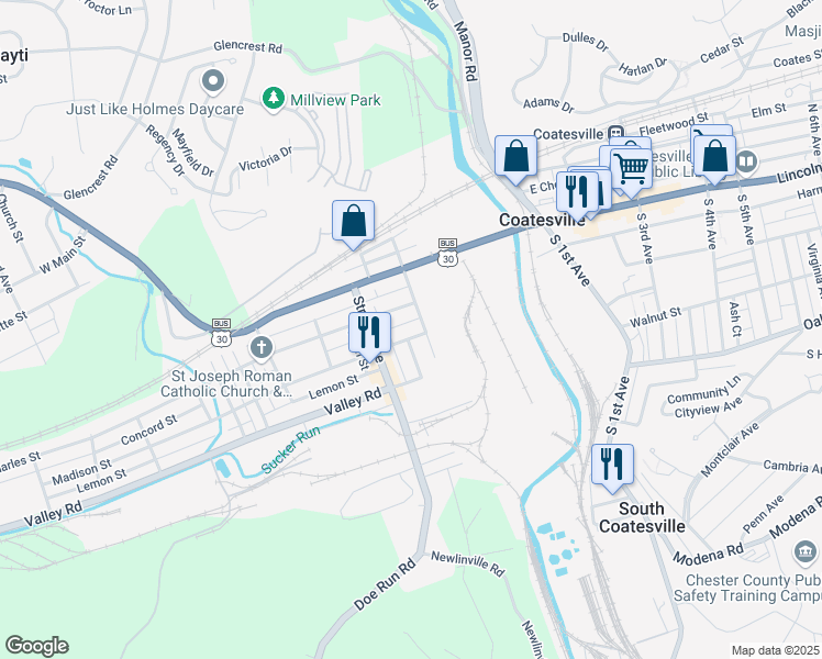 map of restaurants, bars, coffee shops, grocery stores, and more near 213 Madison Street in Coatesville