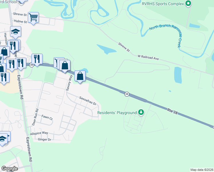 map of restaurants, bars, coffee shops, grocery stores, and more near 1791 New Jersey 38 in Mount Holly