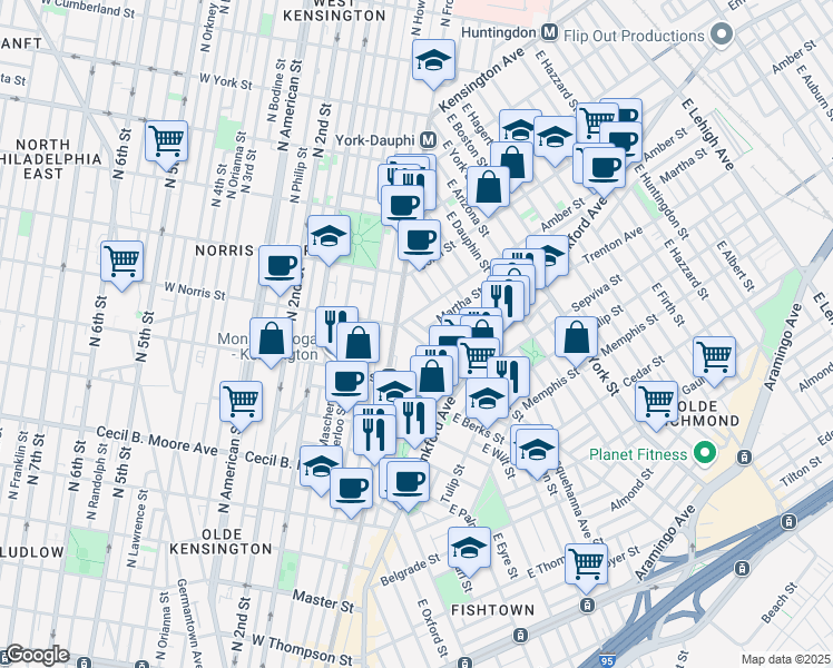 map of restaurants, bars, coffee shops, grocery stores, and more near 2121 East Norris Street in Philadelphia