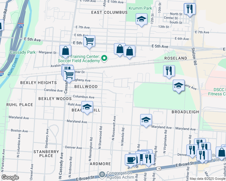 map of restaurants, bars, coffee shops, grocery stores, and more near 2871 Bellwood Avenue in Columbus