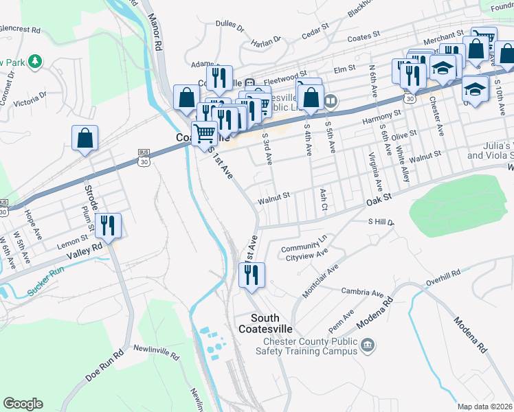 map of restaurants, bars, coffee shops, grocery stores, and more near 219 South 1st Avenue in Coatesville