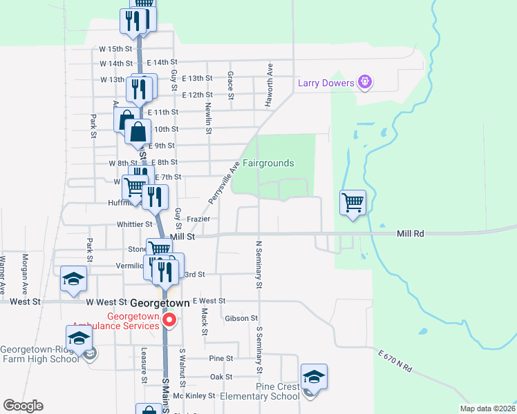 map of restaurants, bars, coffee shops, grocery stores, and more near 418 N Seminary St in Georgetown