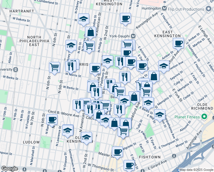map of restaurants, bars, coffee shops, grocery stores, and more near 1930 Mutter Street in Philadelphia