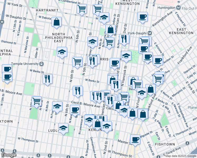 map of restaurants, bars, coffee shops, grocery stores, and more near 1913 North Orianna Street in Philadelphia