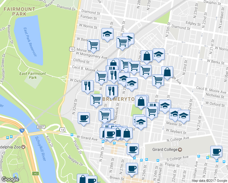 map of restaurants, bars, coffee shops, grocery stores, and more near 1543 North 29th Street in Philadelphia