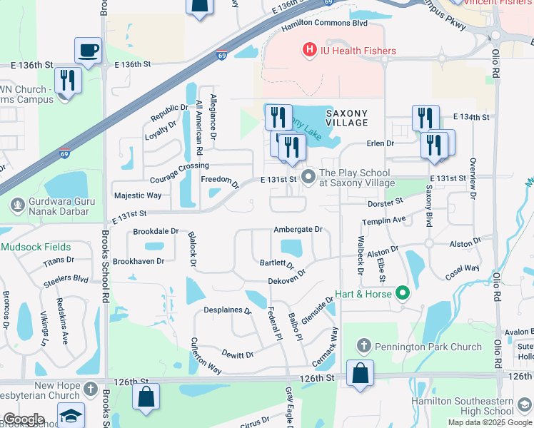 map of restaurants, bars, coffee shops, grocery stores, and more near 13004 West Elster Way in Fishers