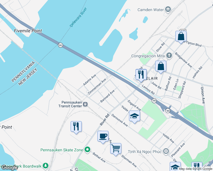map of restaurants, bars, coffee shops, grocery stores, and more near 327 Velde Avenue in Pennsauken Township