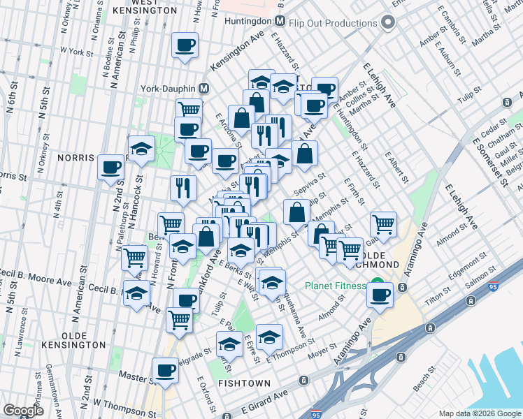 map of restaurants, bars, coffee shops, grocery stores, and more near 2204 Sepviva Street in Philadelphia