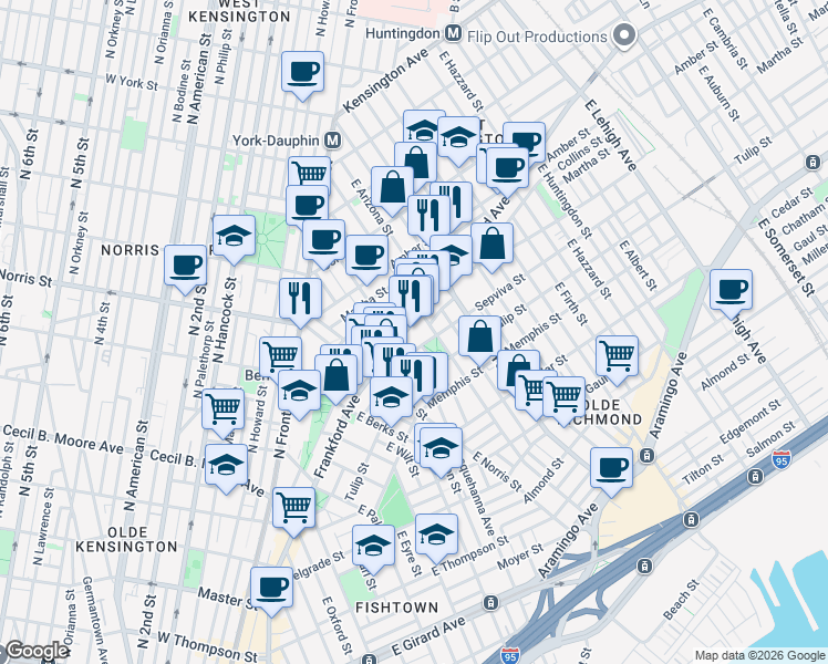 map of restaurants, bars, coffee shops, grocery stores, and more near 2204 Sepviva Street in Philadelphia