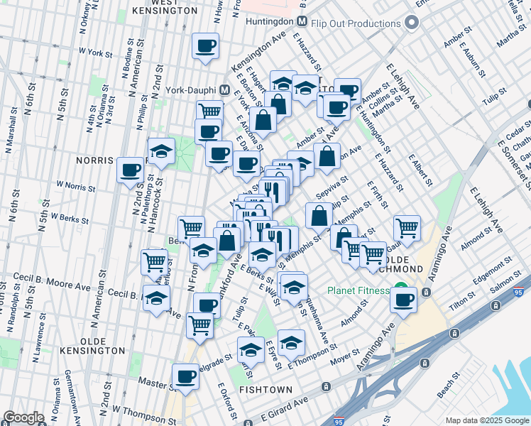 map of restaurants, bars, coffee shops, grocery stores, and more near 2204 Sepviva Street in Philadelphia
