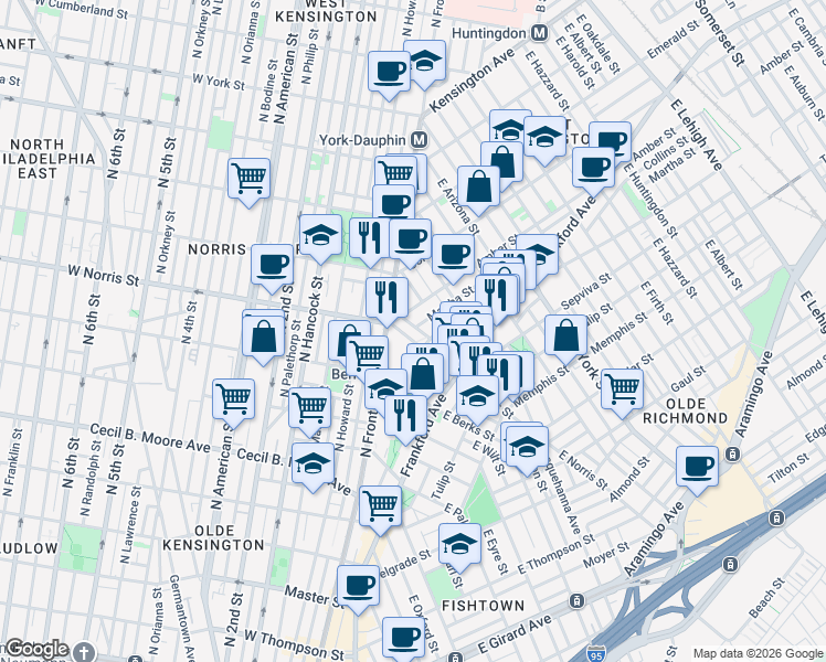 map of restaurants, bars, coffee shops, grocery stores, and more near 2137 East Norris Street in Philadelphia