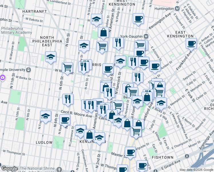 map of restaurants, bars, coffee shops, grocery stores, and more near 1909 North Philip Street in Philadelphia