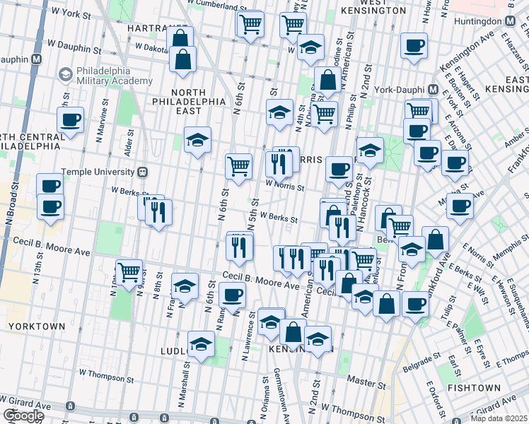 map of restaurants, bars, coffee shops, grocery stores, and more near 1855 North 5th Street in Philadelphia