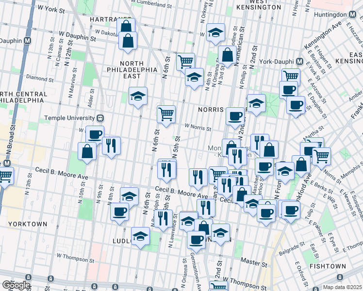 map of restaurants, bars, coffee shops, grocery stores, and more near 1855 North 5th Street in Philadelphia