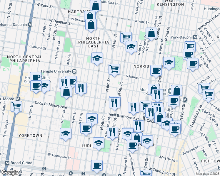 map of restaurants, bars, coffee shops, grocery stores, and more near 1848 Germantown Avenue in Philadelphia