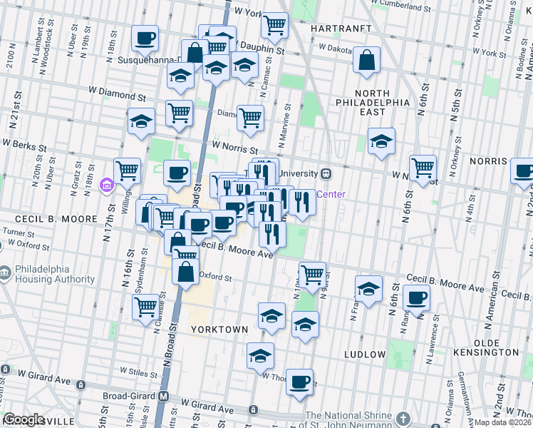 map of restaurants, bars, coffee shops, grocery stores, and more near 1100 West Montgomery Avenue in Philadelphia