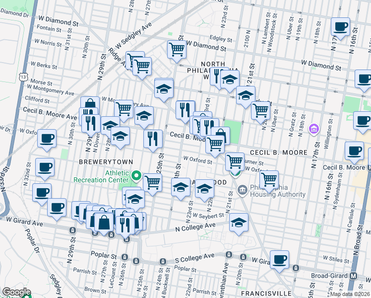 map of restaurants, bars, coffee shops, grocery stores, and more near in Philadelphia