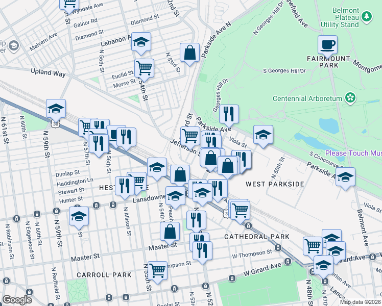 map of restaurants, bars, coffee shops, grocery stores, and more near 5228 Jefferson Street in Philadelphia