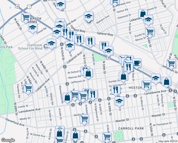 map of restaurants, bars, coffee shops, grocery stores, and more near 6016 Nassau Road in Philadelphia