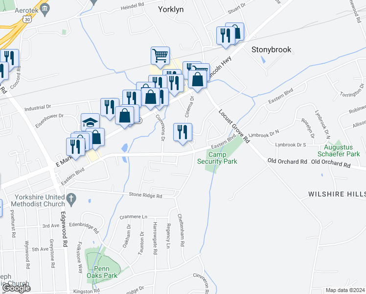 map of restaurants, bars, coffee shops, grocery stores, and more near 17 Theater Lane in York