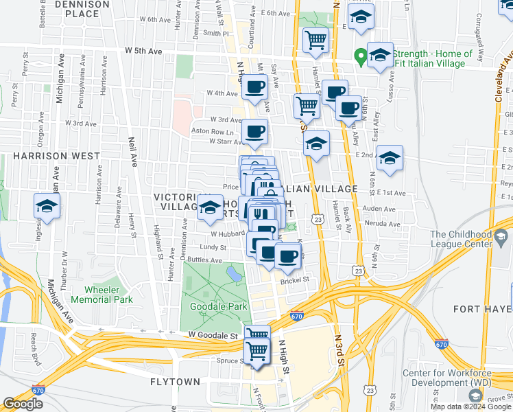 map of restaurants, bars, coffee shops, grocery stores, and more near in Columbus