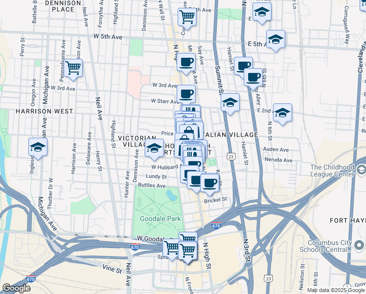 map of restaurants, bars, coffee shops, grocery stores, and more near 846 Park Street in Columbus