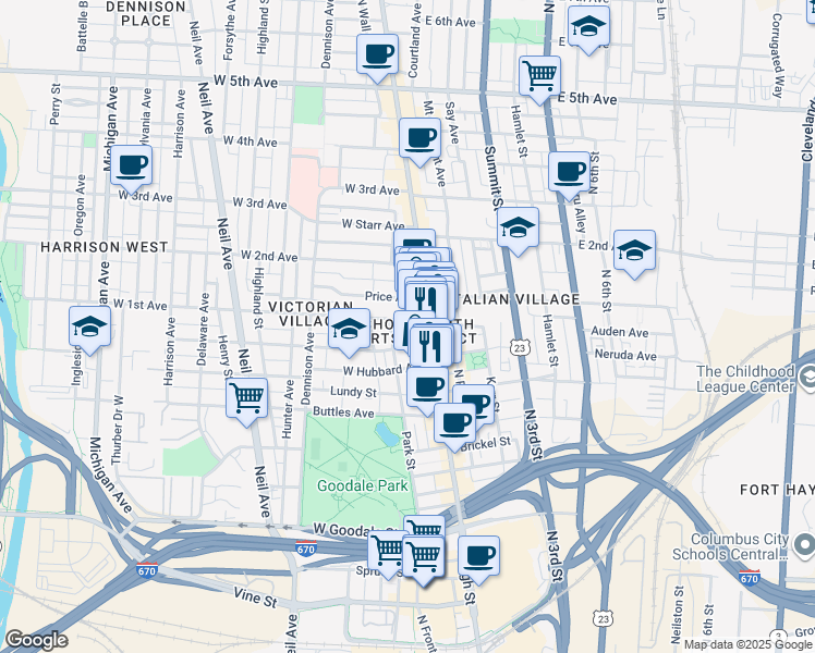 map of restaurants, bars, coffee shops, grocery stores, and more near 846 Park Street in Columbus