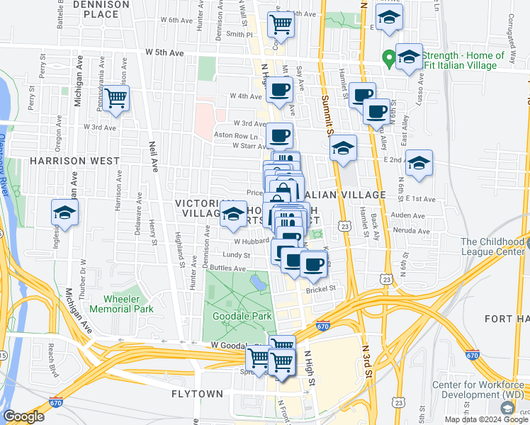 map of restaurants, bars, coffee shops, grocery stores, and more near 846 Park Street in Columbus