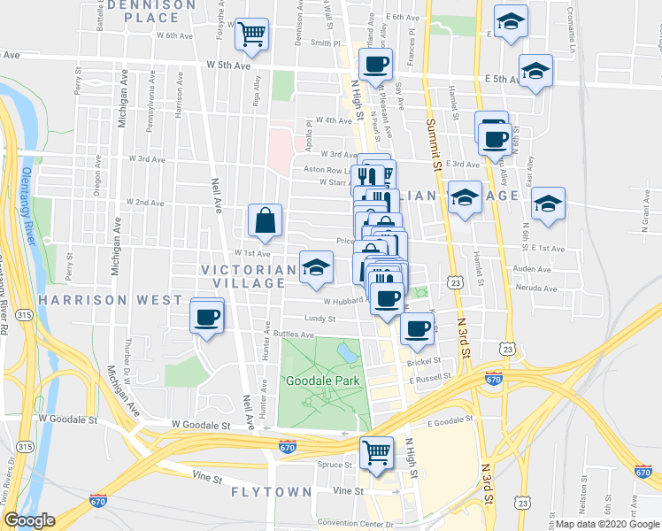 map of restaurants, bars, coffee shops, grocery stores, and more near 103 West Prescott Street in Columbus