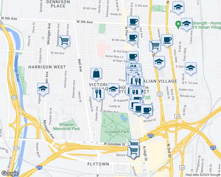 map of restaurants, bars, coffee shops, grocery stores, and more near 103 West Prescott Street in Columbus