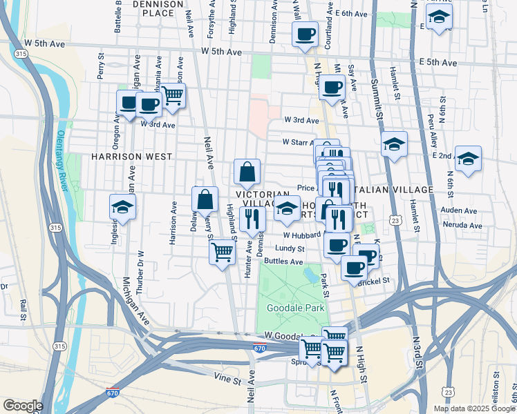 map of restaurants, bars, coffee shops, grocery stores, and more near 866 Dennison Avenue in Columbus