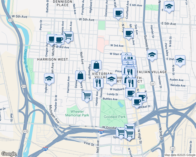 map of restaurants, bars, coffee shops, grocery stores, and more near 216 Wilber Avenue in Columbus