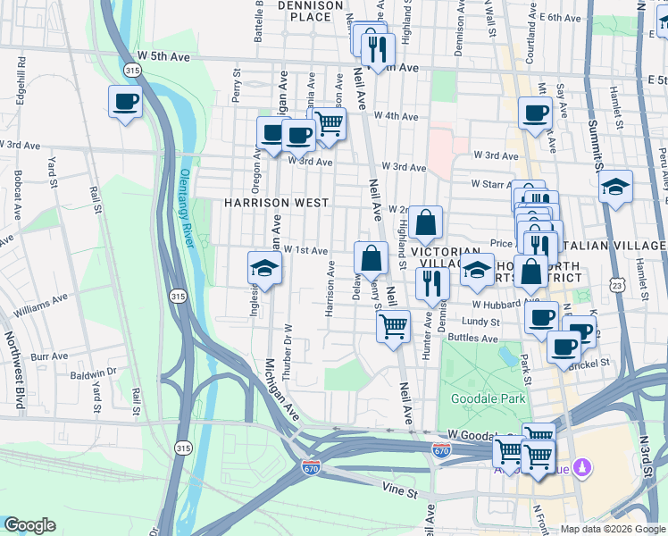 map of restaurants, bars, coffee shops, grocery stores, and more near 374 1/2 Wilber Avenue in Columbus