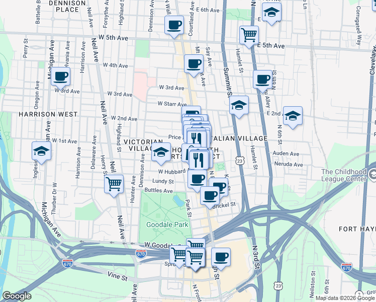 map of restaurants, bars, coffee shops, grocery stores, and more near 29 W 1st Ave in Columbus